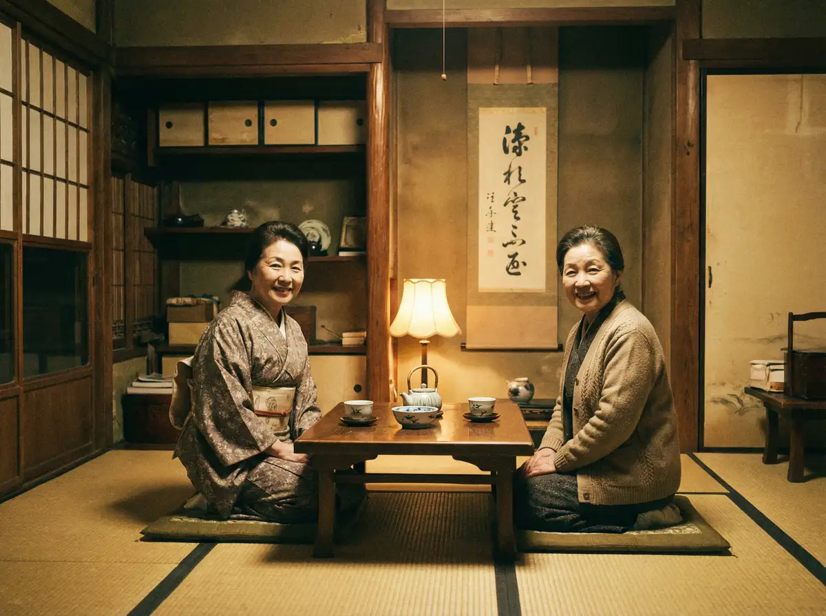 两位优雅的 免费黄色软件 在日式茶室中品茶交谈